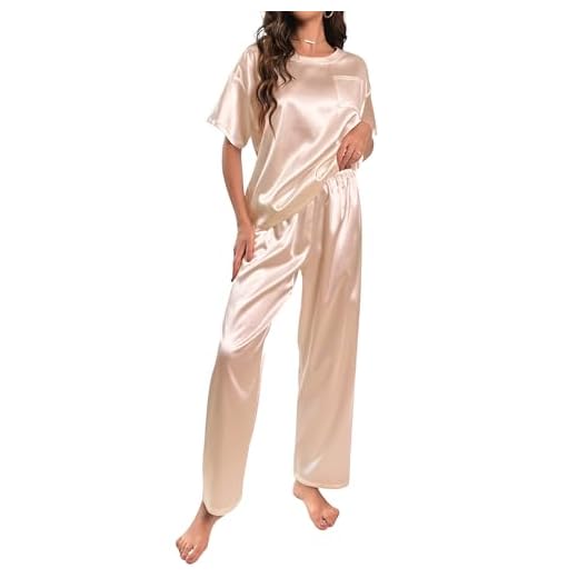 HANERDUN Pijama Mujer Verano Primavera Pijama Stitch 2 Pcs Pijama de Seda Conjunto de Satén Camisa de Manga Corta Pantalones