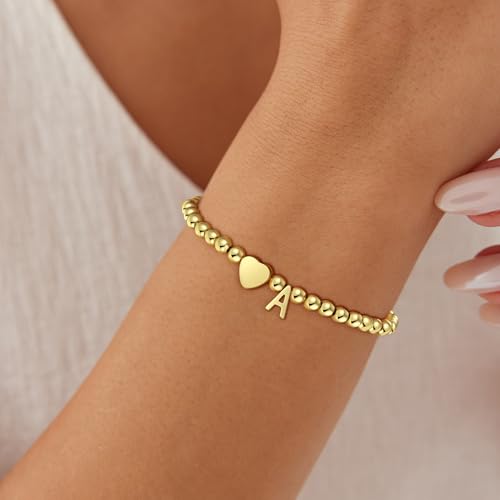 Gold Initial Bracelets for Women Girls - 18K Gold Plated A-Z Heart Initial Bracelet Dainty Beaded Bracelet Gold Bracelets for Women Teen Girl Gifts Trendy Stuff2