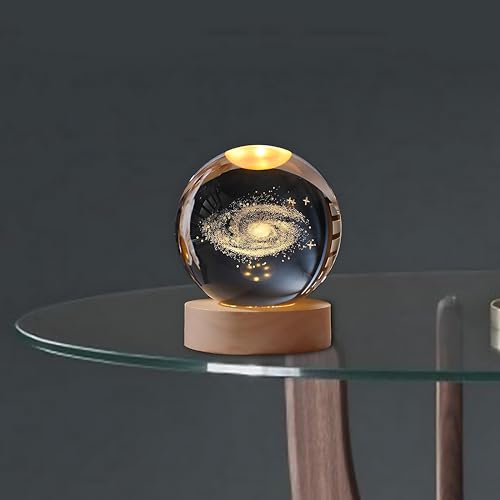 Image of 3D Crystal Ball Night Light with Wooden Base, Aesthetic Clear LED Lamp for Home and Bedroom Touch Switch, Warm Light for Kids and Teens Perfect Birthday & Anniversary (Galaxy)
