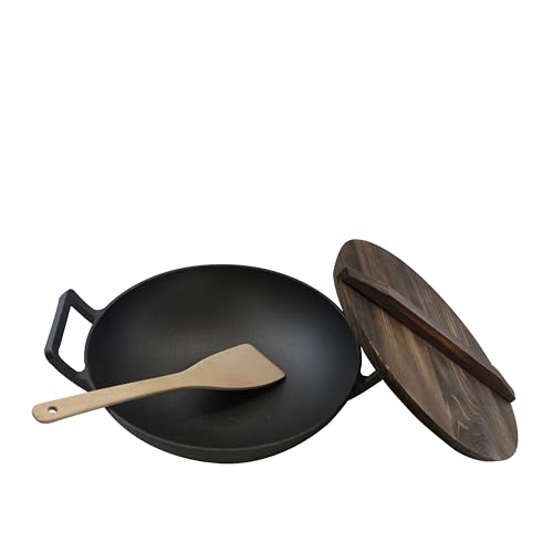 Image of 1pcs 14.5in Multi-Function Cast Iron Pan, Cast Iron Stock Pot, Frying Pan With wooden lid and wooden shovel for Outdoor-safe Cooking, Home & Restaurant Use, Essential Kitchen Cookware