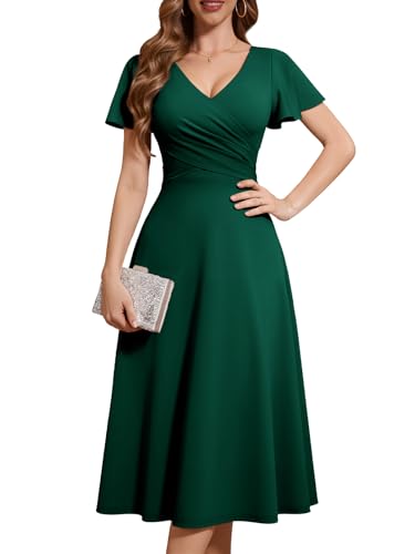 Fynadressr Green St Patricks Day Dress Womens Cocktail Party Dress Cocktail Wrap V Neck Short Sleeve A Line Wedding Guest Prom Midi Dresses Dark Green M