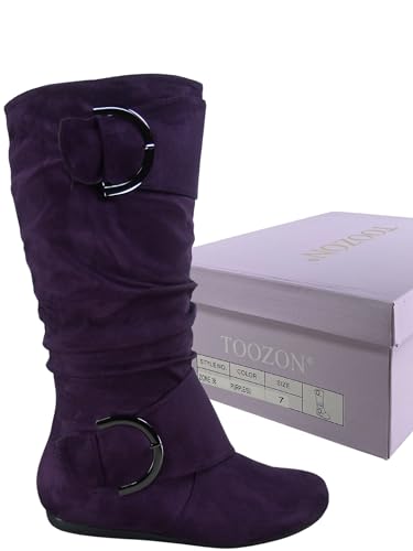 TZ Zone-38 Women's Closed Round Toe Flat Heel Buckle Slouchy Mid-Calf Casual Boots3