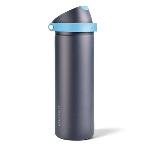 Xtusimple 24 oz Stainless Steel Water Bottle with 2-in-1 Quick Flip Straw and Push Button Spout Lid, Fits Car Cupholder, Triple Walled Vacuum Insulated Metal Leakproof, for Gym, Hiking, Trip, Blue