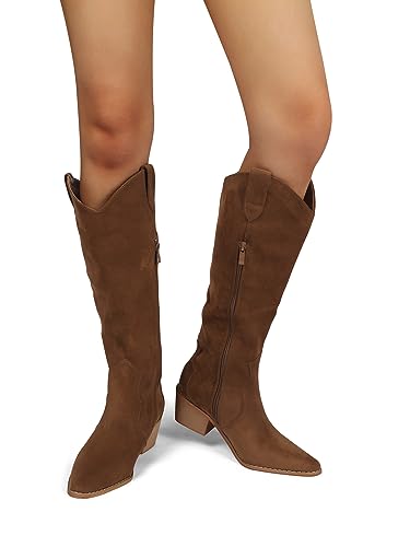 Image of SHIBEVER Cowgirl Boots Knee High: Womens Western Cowboy Boots Wide Calf Brown Low Heeled Put on Suede Tall Booties Size 10.5