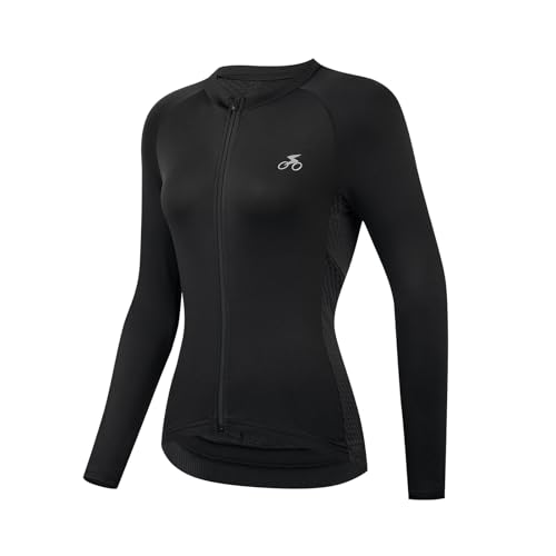 spocyclife Maillot de ciclismo para mujer, manga larga, transpirable, de alta elasticidad, con 3 bolsillos traseros, Negro , M