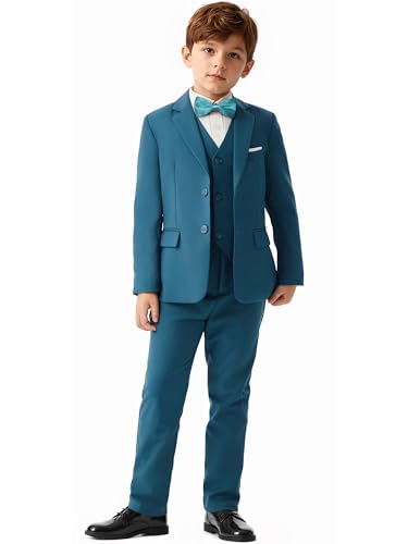 Saruit Boys Formal Dress Suits 5 Piece Slim Fit Dresswear Suit Set with Kids Teal Blue