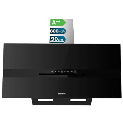 Cecotec Campana Extractora Decorativa 90Cm Bolero Flux Dt 908010 Glass Black A++. Acabado Vidrio Negro Mate, Succión 800M3/H, Apertura Automática, Filtro Carbono