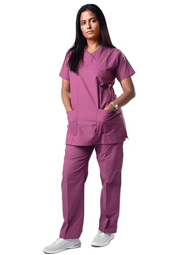 Image of Uniform Craft Women's 4 Pocket Scrub Suit Set | Medical Uniform | Cross V-Neck Poly Cotton | Short Sleeve Hospital Wear | Ideal for Doctors & Nurses (Plum, M)