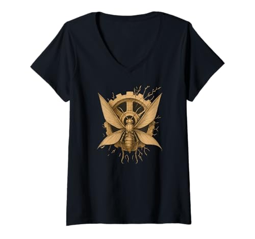 Femme Insecte mécanique à engrenage | Art Steampunk T-Shirt avec Col en V