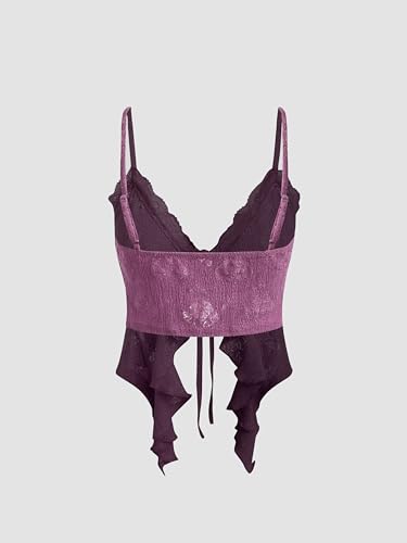 Image of CIDER Going Out Tops for Women Y2K Tie Front Lace Cowgirl Crop Tops | Asymmetrical Ruffle Hem, Spaghetti Strap, Country Concert, Western, Summer Outfits