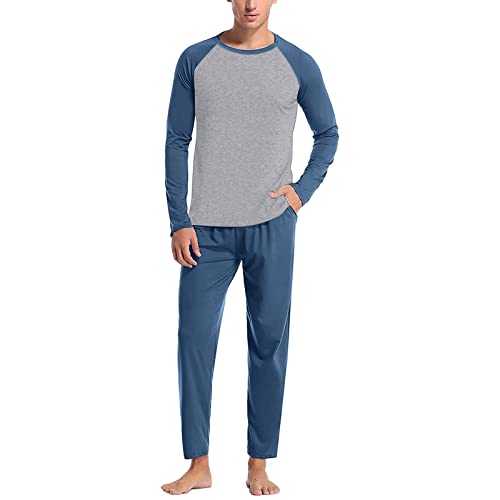 JiXiang Men Pajama Set Sleepwear Pjs Lightweight Long Sleeve Crewneck Shirts and Bottoms Loungewear Soft Comfy Sleep Outfits