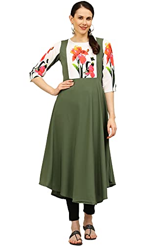 Image of Women's Crepe A-Line Printed Kurti(ALC9121MLT1 Military X-Small)