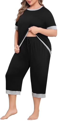 Lastshe Women Plus Size Pajama Set 2 Piece Short Sleeve Capri Pants Knit Sleepwear Lounge Set Ladies Pjs Soft with Pockets2
