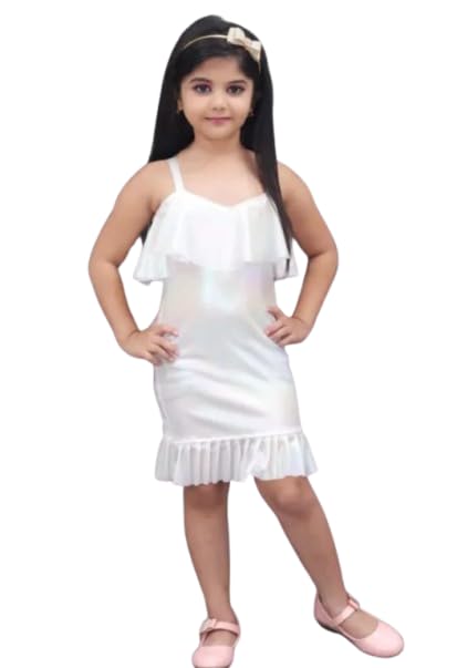 Girls Midi Knee Length Party Dress | Festive Party Dress for Girls| Knee Length Bodycon Dress | Sleeveless Fancy Dress for Birthday Girl (White)
