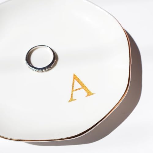Image of Ceramic Jewelry Tray Initial Ring Dish Personalized K-Monogrammed Engagement Wedding Gifts, for Birthday Mother's Day Christmas for Women, Ceramic White 4.75 inch (Y)
