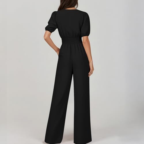 Image of HGps8w Jumpsuits for Women Dressy 2026 Summer Button Front V Neck Puff Sleeve Elegant Wide Leg Pants One Piece Romper