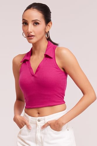 Image of BERRY BIRD Stylish Sleeveless V-Neck Slim Fit Collar Ribbed Knit Tank Crop Tops for Women & Girls Beach and Gym Wear and Western Trendy Fashion