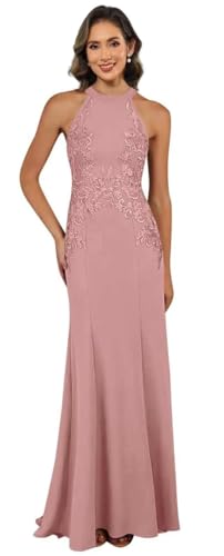 Image of KDTM Satin Lace Mother of The Bride Dresses Long Halter Sleeveless Formal Dresses for Women Wedding Guest