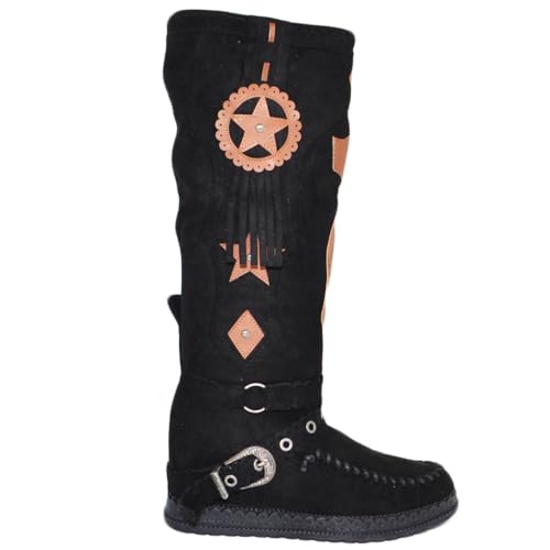 Stivali Donna Indianini Nero al Ginocchio con Frange Zeppa Interna 5 cm e Stemma Scamosciati Alti Moda (39 EU)