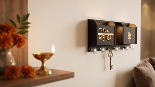 Image of Premium Wooden Har Har Mahadev & Trishul Key Holder for Wall | 7 Hooks Key Hanger with 3 Compartments for Mobile, Mail & Wallet | Lord Shiva Spiritual Wall Organizer for Home Decor & Office