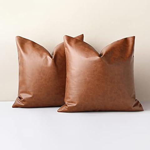 Cushion Covers 45X45cm Set of 2 Solid Throw Pillow Covers 18x18inch, Square Modern Accent Faux Leather Brown Pillow Cases, PU Home Decorative Pillow Cushion Cover for Couch Sofa Chair Bed Cover
