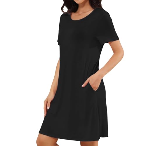 Cexiakong Camisón de manga corta para mujer, transpirable, vestido de casa, monocolor, cómodo vestido de noche, cuello en V, elegante, vestido de dormir de verano, suave, O negro., XL