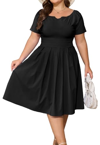 Image of Womens Plus Size Summer Dresses Off Shoulder Short Sleeve A-Line Wedding Guest Swing Waist Midi Dress with Pockets