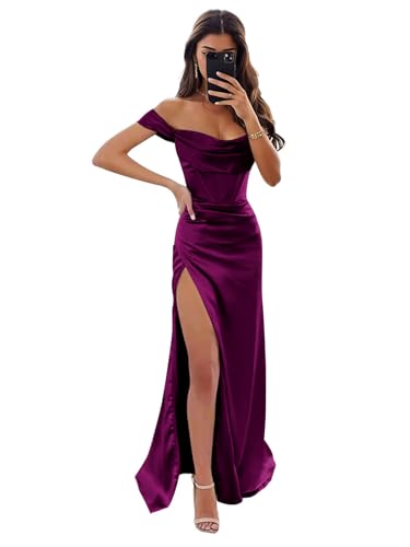 Long Satin Plum Bridesmaid Dresses Off The Shoulder Mermaid Prom Dresses Corset Formal Evening Party Gown with High Slit