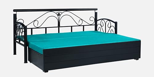 Image of 3 Seater Metal Sofa Cum Bed with Hydraulic Storage | Sofa Set for Living Room, Bedroom, Guest Room| Single Size Convertible Sofa Bed | Comfortable Seating Sofa Seablue & Black