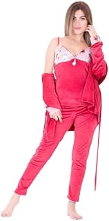 بيجامة شتوي حريمي من القطيفة -من 3 قطع - بيجامة نوم نسائية مريحة باكمام طويلة من دعدوش