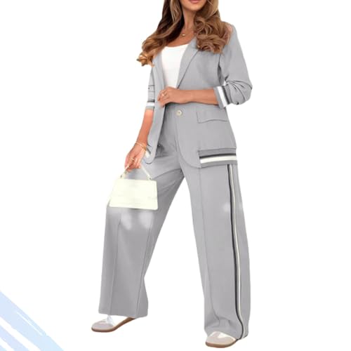 Chic Gray Ribbed Suit Set for Women – Elegant Blazer and High-Rise Wide-Leg Pants (Medium)