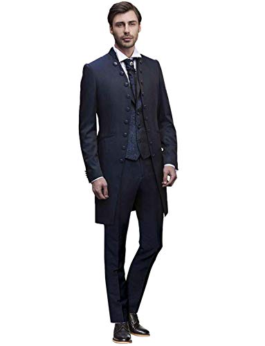 QZI Men's Suit Decorative Botton Stand Collar Long Coat Three-Piece Set