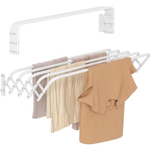 Image of HomeCloud Premium Wall-Mounted Stainless Steel Expandable Clothes Drying Rack | Heavy-Duty Accordion Collapsible Cloth Hanger (White)