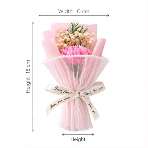 Image of Mini Artificial Chrysanthemum Flower Bouquet with Pearl Net Wrap & inchJust for You inch Ribbon | Small Gift for Valentine, Birthday, Proposal, Home & Desk Decor (Pink)