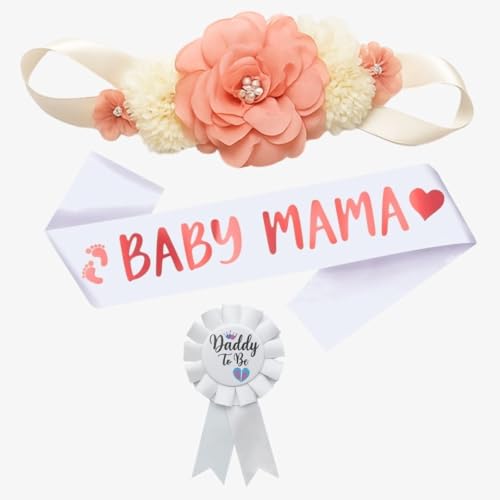 Image of Wanna Party Mom to Be Sash Baby Shower Decorations Set,Maternity Belly band, Mom to be Sash and Dad to Be Pin Badge-Party Gift for Baby Shower Gifts for Expectant Parents