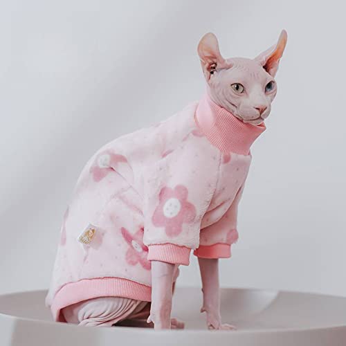 Sphynx-Cat-Winter-Clothes-Cute-Warmth-Soft-Faux-Fur-Sweater-Outfit-Cute-Round-Collar-Pullover-Autumn-Winter-Hairless-Cat-Clothes-Cat-Apparel-XXL12-154lbs-Pink-Flower