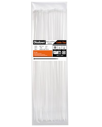 Oksdown Collier de Serrage en Nylon 300 mm × 3,6 mm Attache Câble Plastique Longue Rilsan Serre Câbles, Blanc, Lot de 100 Pièces