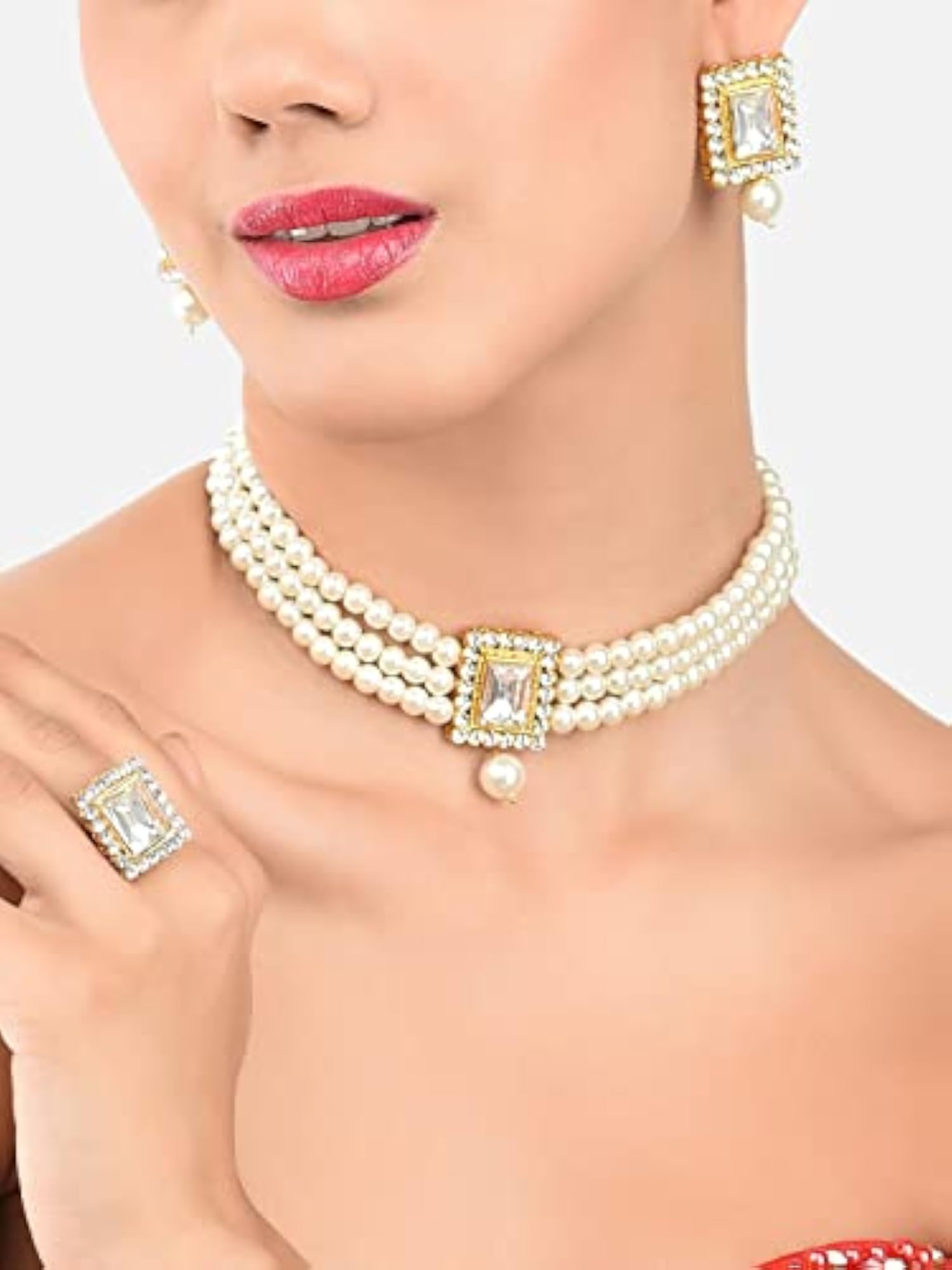 Tone Multistrand Choker Necklace Earring & Ring Set For Women