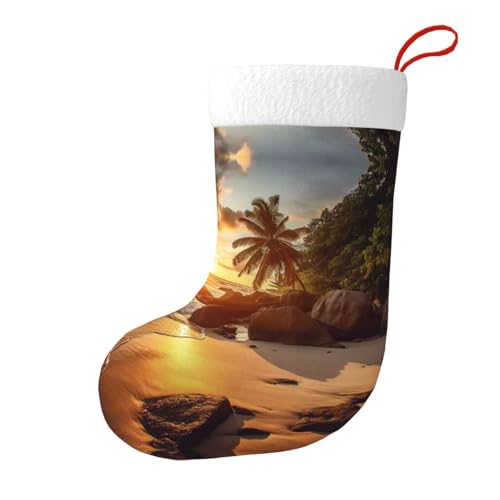 Calcetines decorativos de Navidad con diseño de playa tropical al atardecer (diseño de doble cara), bolsa de regalo adecuada para decoración familiar de vacaciones, color negro, talla única más alta