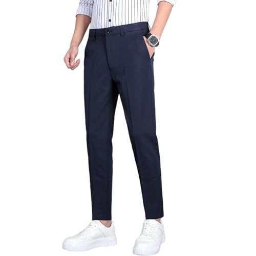 Men's Autumn Winter Black Slim Fit Formal Straight Fleece Lined Nine-Tenths Casual Pants
