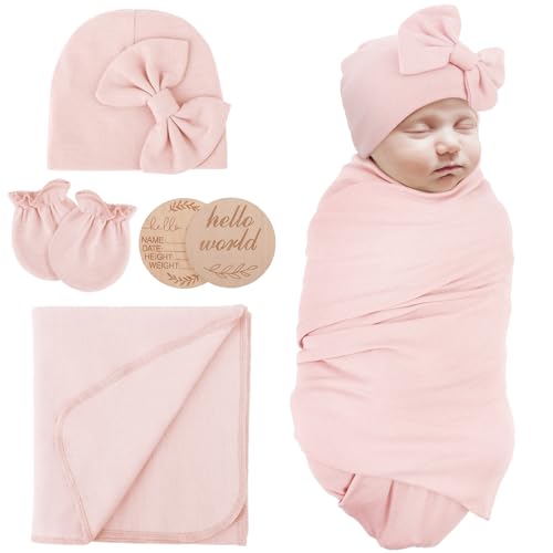 Image of AQOKKA Newborn Receiving Blanket with Bow Hat Mittens Wooden Card Set Newborns Toddler Baby Boy Girl Nursery Swaddle Wrap