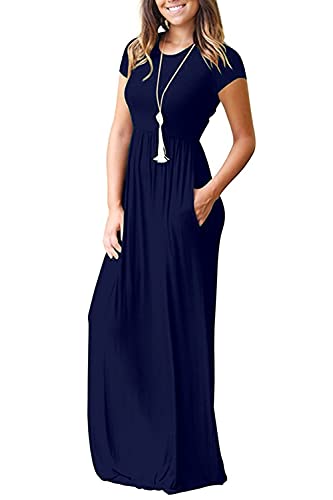 Grecerelle Women's Short Sleeve Loose Plain Maxi Dresses Casual Long Dresses With Pockets Navy Blue Large #TOP2