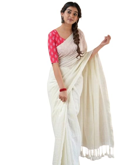 Womens bengal handloom pure cotton soft golden zari styped white saree with tassel,blouse piece-picture-24