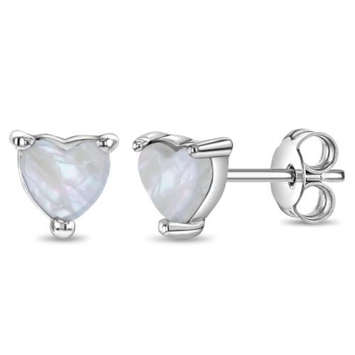 925 Sterling Silver Simulated Mother of Pearl Heart Shaped Standard Back Little Girls Earrings - Tiny Heart Shaped Earrings for Younger Girls and Preteens - Small Heart Girl Earrings