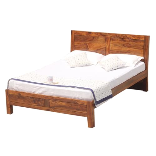 Image of Classic Panel Sheesham Wood Queen Size Bed Without Storage | Wooden Queen Size Double Bed Cot for Bedroom Furniture | Modern Palang Bed for Home & Hotels | Honey Finish