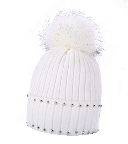 Miuno® Gorro de punto con pompón de pelo sintético para invierno MJ196, Blanco, Talla única Cover