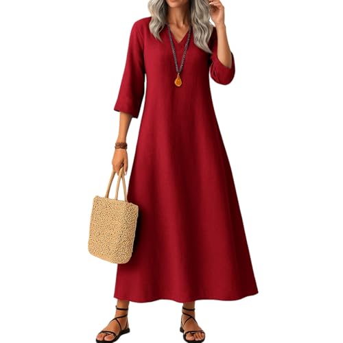 Schwarzes Kleid Damen Lang Leinenkleid Damen Frühling und Herbst Kleid 3/4 Ärmel V Ausschnitt Langes Kleider Casual Loose Solid Farbe Baumwolle...