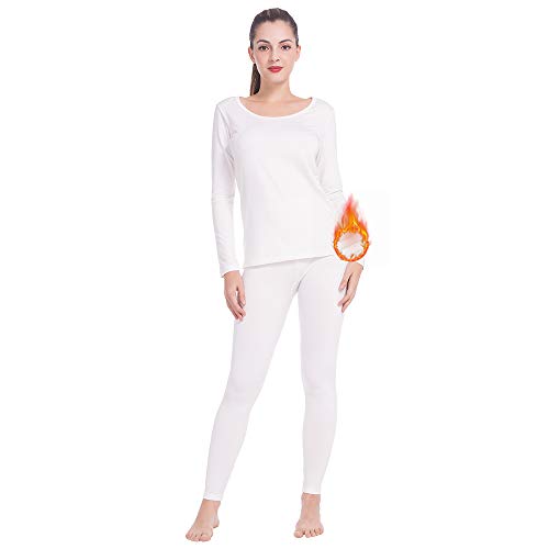 Subuteay Thermal Underwear for Women Long Johns Set Fleece Lined Ultra Soft Scoop Neck White X-Small