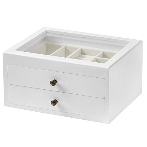 SONGMICS Jewelry Box, 2-Tier Wooden Jewelry Case, Jewelry Organizer with Glass Top, for Rings, Necklaces, Earrings, Bracelets, White UJOW017W01