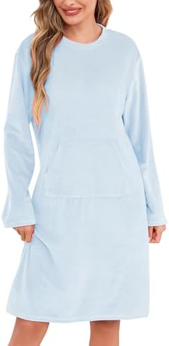 Vlazom Damen Nachthemd Flanell Langarm Schlafhemd Winter Wärmer Nachtkleid mit Tasche Nachtwäsche Sleepwear S-XXL